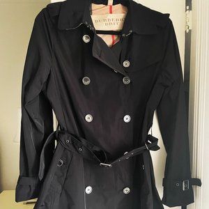 Burberry Brit Black Double-Breasted Belted Short Trench Raincoat Size 12 Women